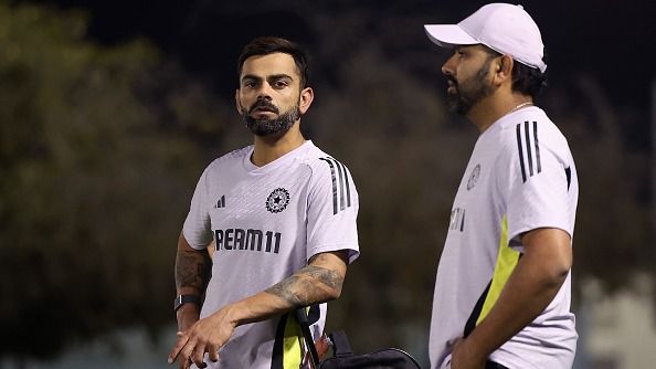 India's veteran batters Virat Kohli (L) and Rohit Sharma in frame