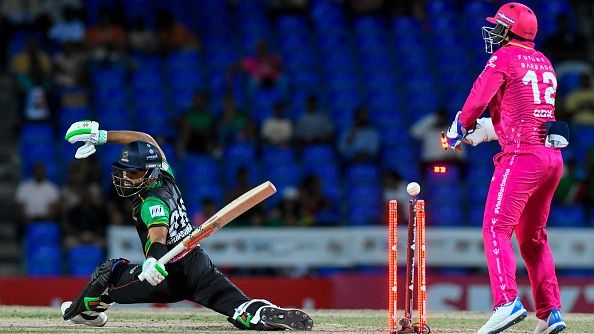 Mohammad Rizwan of Saint Kitts and Nevis Patriots bowled by Jomel Warrican 