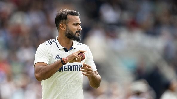 Akash Deep of India prepares to bowl