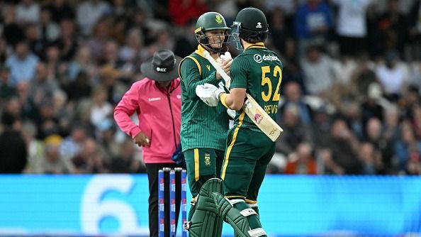 South Africa's Ryan Rickelton (L) and South Africa's Dewald Brevis