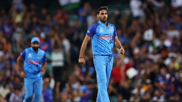 Bhuvneshwar Kumar of India celebrates dismissing Vikram Singh of the Netherlands