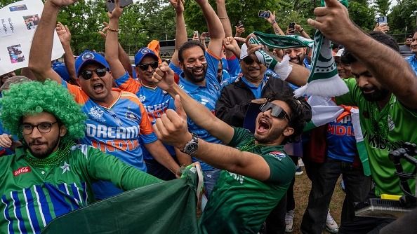 Rival fans arrive at Eisenhower Park ahead of the India - Pakistan T20 Cricket World Cup match on June 9, 2024 in Nassau, New York.