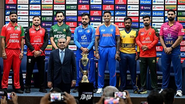 Captains of participating teams (L-R) Oman's Jatinder Singh, Hong Kong's Yasim Murtaza, Pakistan's Salman Agha, Afghanistan's Rashid Khan, India's Suryakumar Yadav, Sri Lanka's Charith Asalanka, Bangladesh's Litton Das and UAE's Muhammad Waseem