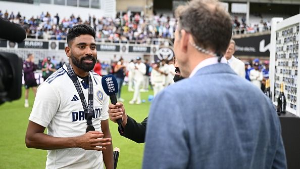 Mohammed Siraj of India speaks with Sky Sports commentator Michael Atherton