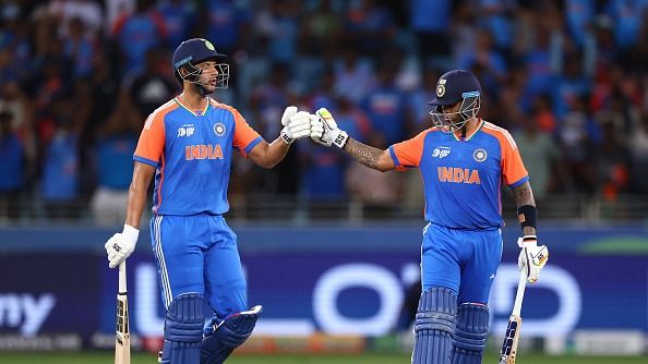 Shivam Dube (L) of India and Suryakumar Yadav (R) of India celebrates victory