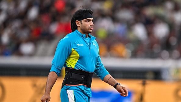 Neeraj Chopra of India before competing in the Men's Javelin Throw final