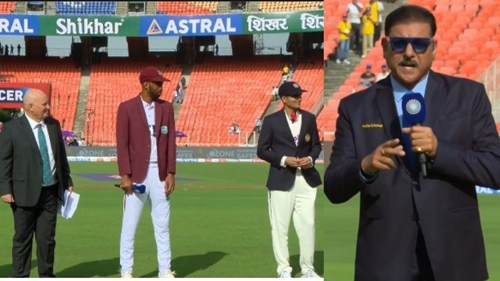 IND vs WI: रवि शास्त्री ने टॉस के समय पायक्रॉफ्ट का किया ऐसा जोरदार स्वागत, अंदाज देख पाकिस्तान को लग जाएगी मिर्ची, Video टॉस के दौरान एंडी पायक्रॉफ्ट, रोस्टन चेज़, शुभमन गिल और रवि शास्त्री