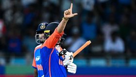 India's Abhishek Sharma (C) celebrates after scoring half-century India's Abhishek Sharma (C) celebrates after scoring half-century