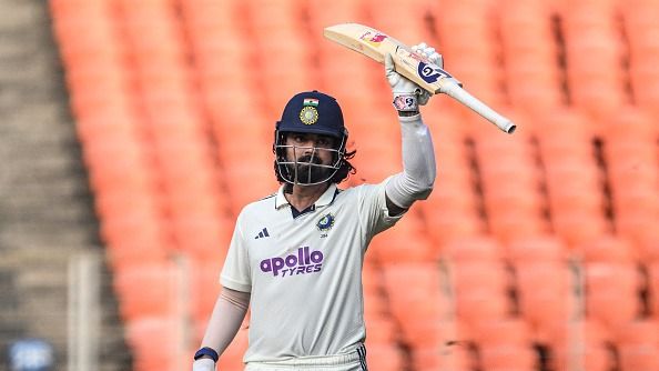India's KL Rahul celebrates after scoring century (50 runs) during the first day of the first Test cricket match between India and West Indies at the Narendra Modi Stadium in Ahmedabad 