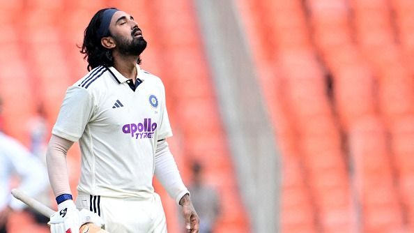 India's KL Rahul celebrates after scoring a century (100 runs) during the second day of the first Test cricket match between India and West Indies at the Narendra Modi Stadium in Ahmedabad on October 3, 2025. 