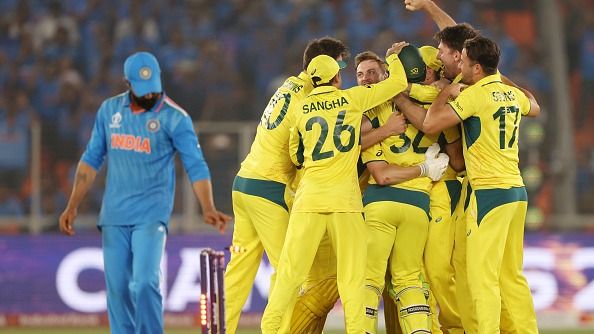 Players of Australia celebrate after winning the ICC Men's Cricket World Cup