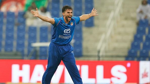 Azmatullah Omarzai of Afghanistan unsuccessful appeal for the wicket of Kinchit Shah of Hong Kong, China during the match between Afghanistan and Hong Kong, China at Zayed Cricket Stadium
