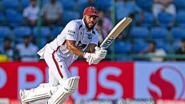 West Indies' John Campbell plays a shot during the third day of the second and final Test cricket