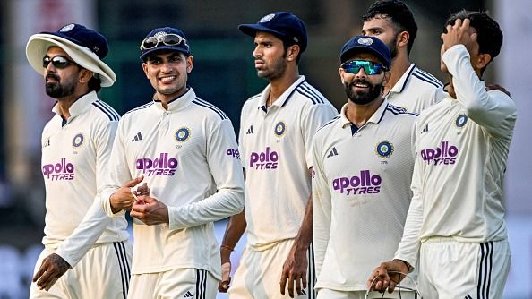 (L-R) India's KL Rahul, captain Shubman Gill, Dhruv Jurel, Ravindra Jadeja, Devdutt Padikkal and Yashasvi Jaiswal walk back to the pavilion