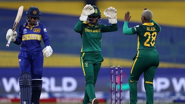 Nonkululeko Mlaba of South Africa celebrates with team mate Karabo Meso after taking the wicket of Vishmi Gunaratne