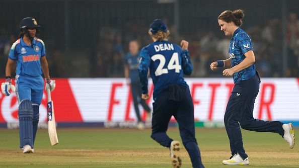Nat Sciver-Brunt of England celebrates the wicket of Harmanpreet Kaur
