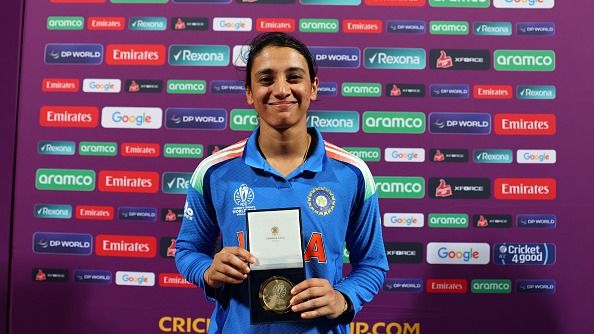 Smriti Mandhana poses with the ICC Player of the Match award