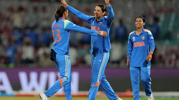 Smriti Mandhana celebrates with team mate Harmanpreet Kaur