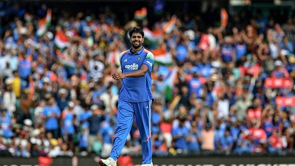 India's Harshit Rana reacts after taking the wicket of Australia's Josh Hazlewood