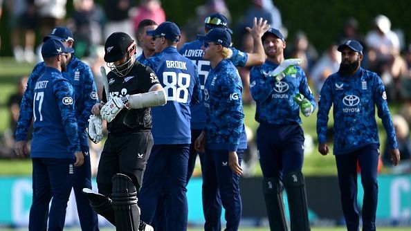 Brydon Carse of England celebrates the wicket of Kane Williamson
