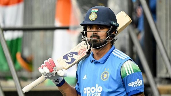 India's KL Rahul reacts as he prepares to walk onto the ground India's KL Rahul reacts as he prepares to walk onto the ground