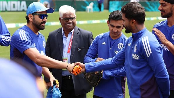 Rohit Sharma of India presents Nitish Kumar Reddy's of India maiden cap Rohit Sharma of India presents Nitish Kumar Reddy's of India maiden cap