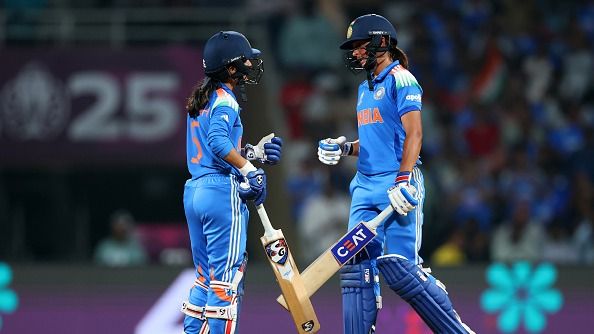 Jemimah Rodrigues of India (L) speaks to team mate Harmanpreet Kaur Jemimah Rodrigues of India (L) speaks to team mate Harmanpreet Kaur