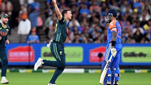 Australia's Josh Hazlewood celebrates dismissing India's Suryakumar Yadav Australia's Josh Hazlewood (C) celebrates dismissing India's Suryakumar Yadav