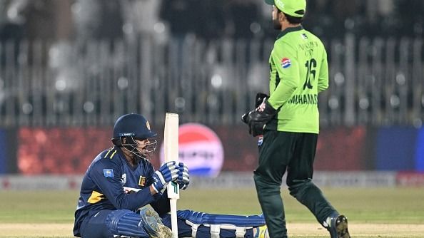 Maheesh Theekshana (L) Sri Lanka's Maheesh Theekshana (L) reacts in this frame