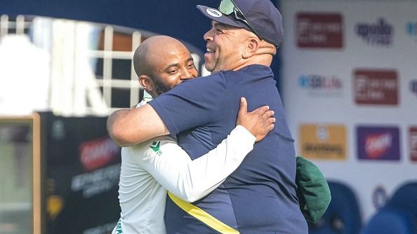 South Africa's captain Temba Bavuma (L) hugs head coach Shukri Conrad South Africa's captain Temba Bavuma (L) hugs head coach Shukri Conrad