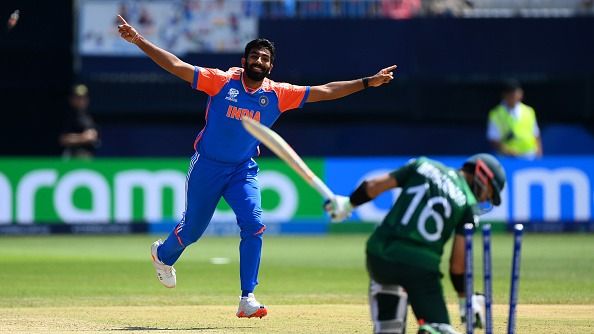 Jasprit Bumrah of India celebrates taking the wicket of Mohammad Rizwan of Pakistan during the ICC Men's T20 Cricket World Cup West Indies & USA 2024