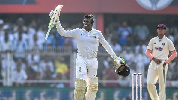 South Africa's Senuran Muthusamy celebrates after scoring a century