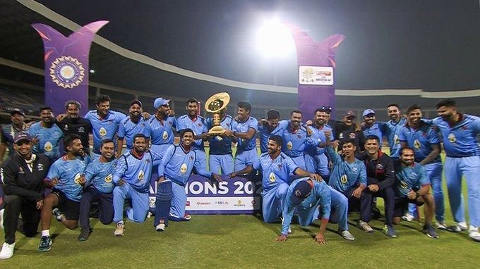Mumbai team poses with Syed Mushtaq Ali Trophy 2024 title in this frame