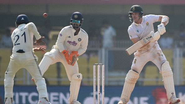 South Africa's Tristan Stubbs plays a shot as India's Rishabh Pant (C) and Dhruv Jurel