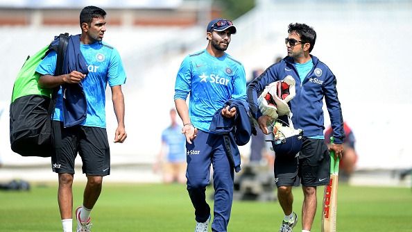 India's Ravichandran Ashwin (left) Ravindra Jadeja (centre) and Gautam Gambhir (right),