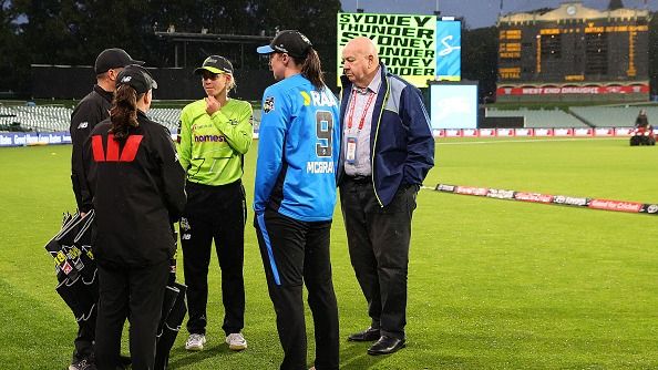 Phoebe Litchfield of the Sydney Thunder and Tahlia McGrath of the Adelaide Strikers talk to Umpire Phoebe Litchfield of the Sydney Thunder and Tahlia McGrath of the Adelaide Strikers talk to Umpire