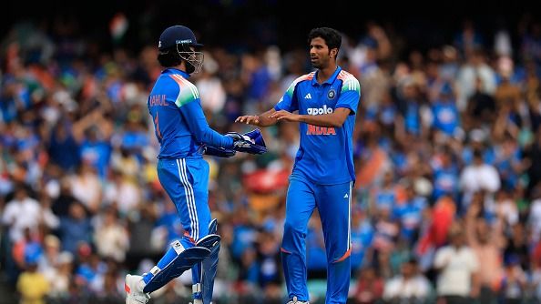 Washington Sundar of India celebrates with team mates after the LBW of Matthew Renshaw of Australia during game three of the One Day