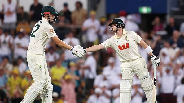 Steve Smith of Australia celebrates with Cameron Green of Australia