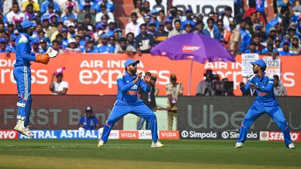 India's Rohit Sharma (C), KL Rahul (L) and Ruturaj Gaikwad field ृ