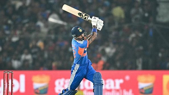 India's Hardik Pandya plays a shot