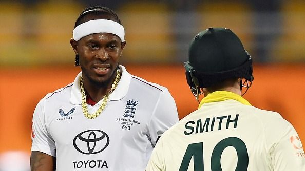 Jofra Archer of England and Steve Smith exchange Jofra Archer of England and Steve Smith exchange