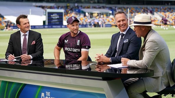 England's Joe Root (left) is interviewed by Former Australia players Adam Gilchrist (far left) and David Warner (far right) and former England captain Michael Vaughan England's Joe Root (left) is interviewed by Former Australia players Adam Gilchrist (far left) and David Warner (far right) and former England captain Michael Vaughan