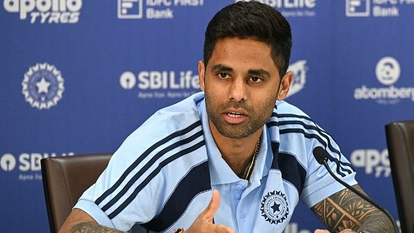 India's captain Suryakumar Yadav gestures while addressing a press conference
