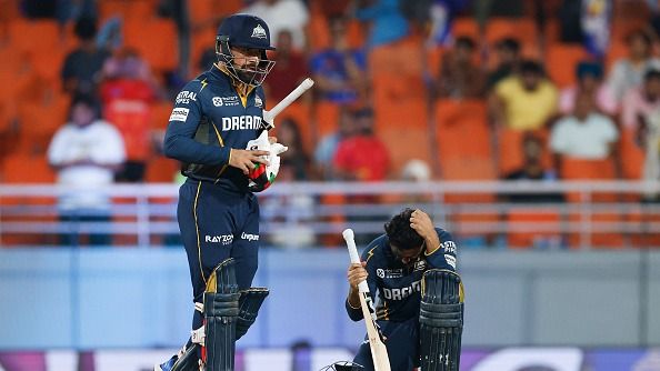 Rahul Tewatia of Gujrat Titans reacts alongside teammate Rashid Khan after losing the 2025 Eliminator IPL Finals