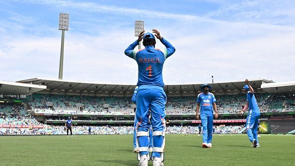 India's KL Rahul walks onto the field