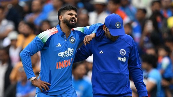 India's Shreyas Iyer reacts in pain India's Shreyas Iyer reacts in pain