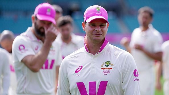 Australia's Steve Smith wears a pink cap 