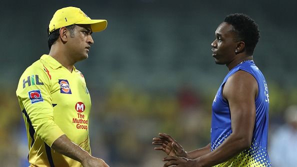 Ms Dhoni of the Chennai Super Kings speaks with Dwayne Bravo