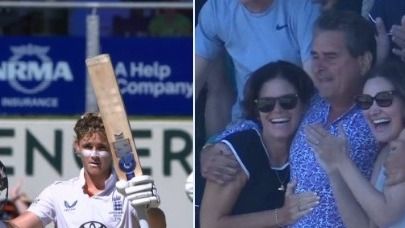 Jacob Bethell after scoring a century and in the second picture his father