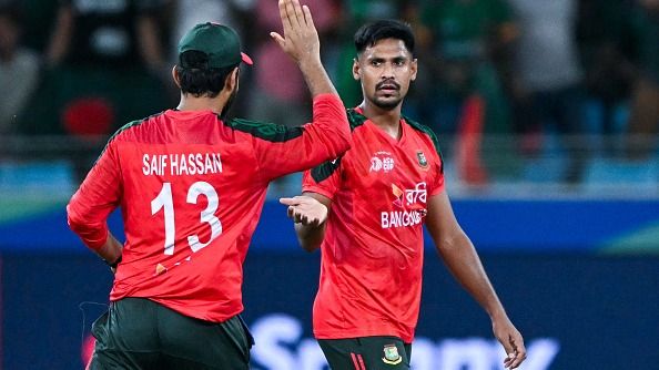 Bangladesh's Mustafizur Rahman (R) celebrates with teammate Saif Hassan Bangladesh's Mustafizur Rahman (R) celebrates with teammate Saif Hassan
